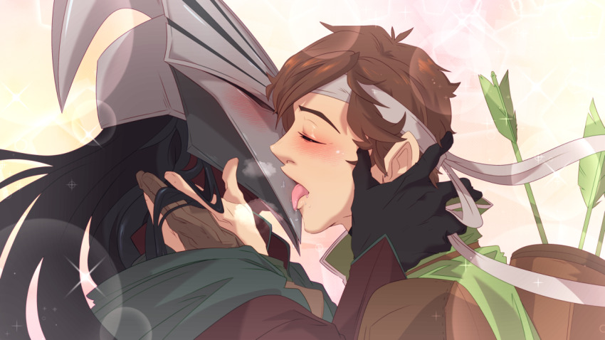 2boys, arrow_(projectile), black_gloves, black_hair, blush, brown_hair, closed_eyes, commentary, drawfee, drawtectives, english_commentary, french_kiss, gloves, headband, helmet, karina_farek, kiss, liticus_guysus, long_hair, male_focus, multiple_boys, official_art, open_mouth, optimus_amicus, short_hair, sparkle, tongue, tongue_out, upper_body, yaoi