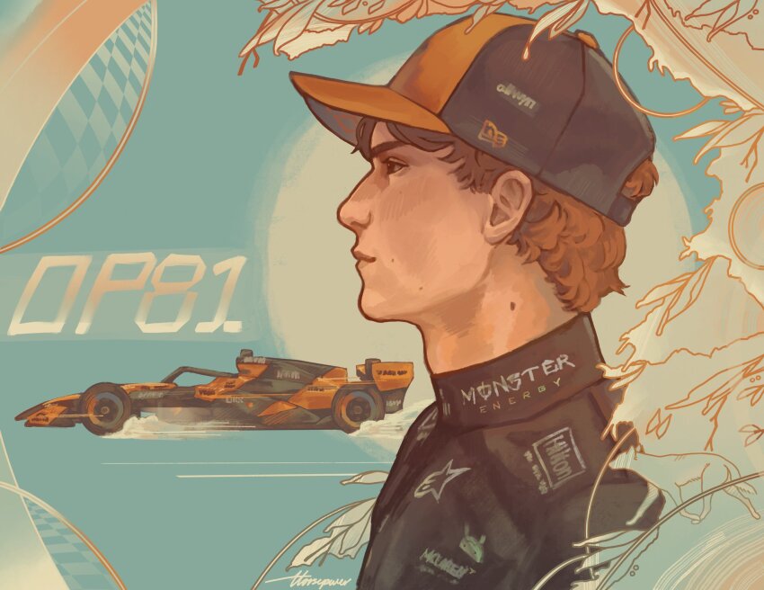 1boy, adam's_apple, baseball_cap, black_hair, black_shirt, brown_eyes, brown_hair, car, closed_mouth, commentary, english_commentary, english_text, formula_one, formula_racer, from_side, hat, highres, horsepwer, male_focus, mole, motor_vehicle, multicolored_hat, orange_hat, oscar_piastri, profile, race_vehicle, racecar, real_life, shirt, short_hair, solo, upper_body