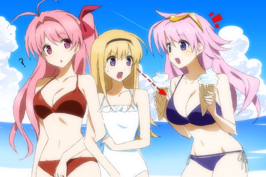 3girls, ?, alion_9715, beach, bikini, black_hairband, blonde_hair, blood_tune