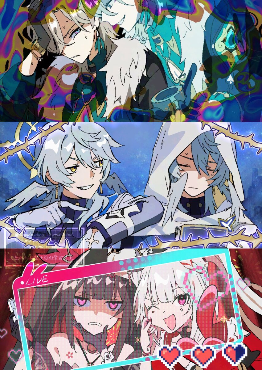 2girls, 4boys, ;d, aventurine_(honkai:_star_rail), bare_shoulders, black_gloves, blonde_hair, blue_eyes