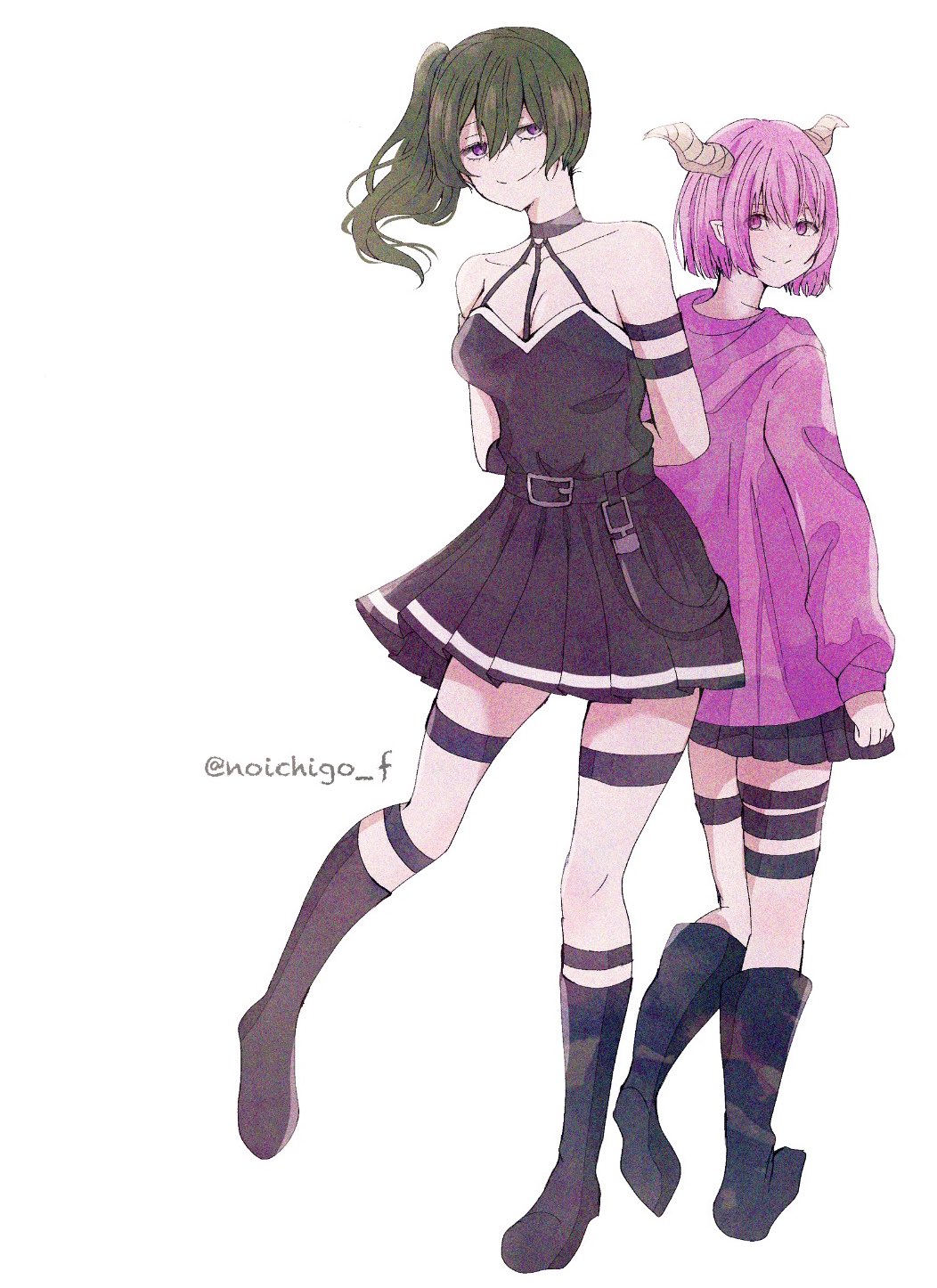 2girls, backless_outfit, bare_shoulders, belt, black_belt, black_boots, black_choker, black_dress