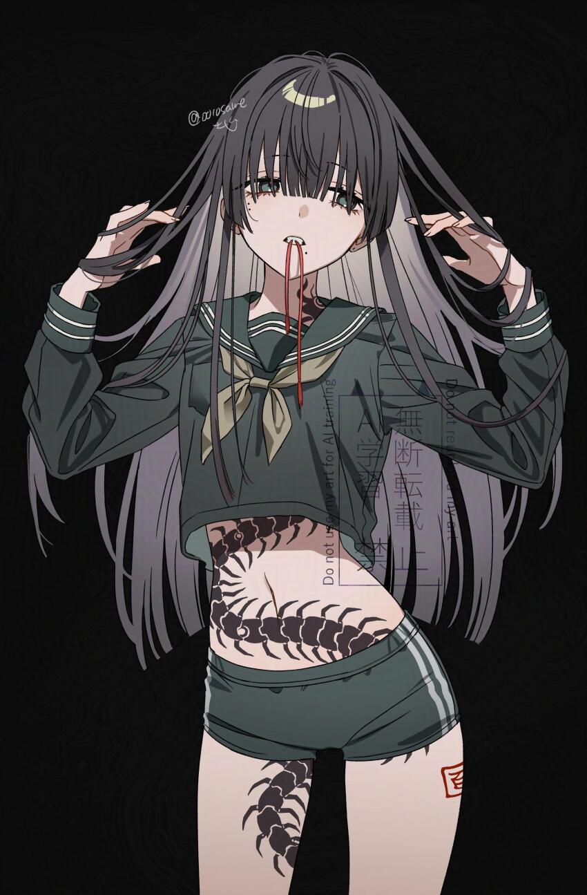 1girl, absurdres, adversarial_noise, aegyo_sal, averting_eyes, black_background, black_hair, black_shorts