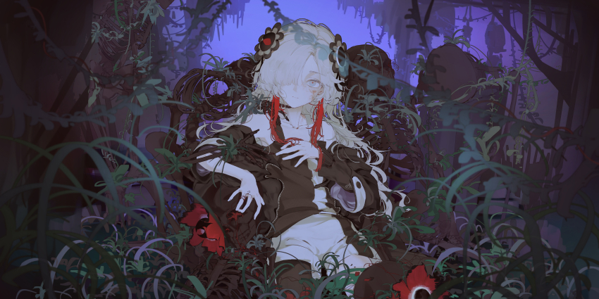 1girl, absurdres, anemone_(flower), archivexviixxi, black_coat, coat, commentary, disheveled