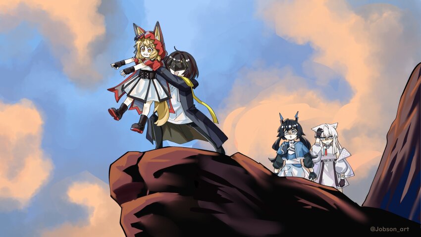 4girls, animal_ears, arknights, arknights:_endfield, black_hair, blue_eyes, cape, chen_qianyu_(arknights)