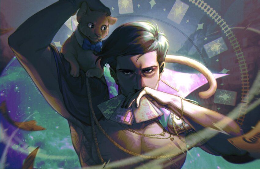 1boy, bow, bowtie, bracelet, cape, card, cat, commentary