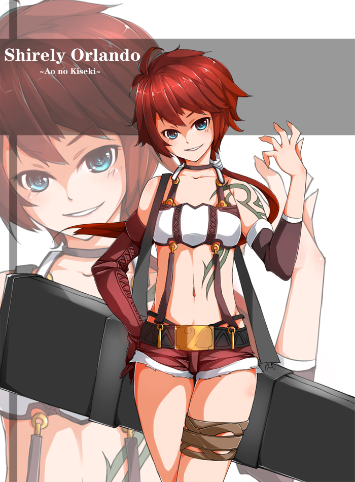 1girl, ao_no_kiseki, aqua_eyes, arm_tattoo, bandeau, character_name, copyright_name, eiyuu_densetsu, elbow_gloves, falcom, female_focus, gloves, grin, long_hair, midriff, navel, noirly, red_hair, shirley_orlando, short_shorts, shorts, single_elbow_glove, single_glove, smile, solo, stomach_tattoo, suspenders, tattoo, zoom_layer