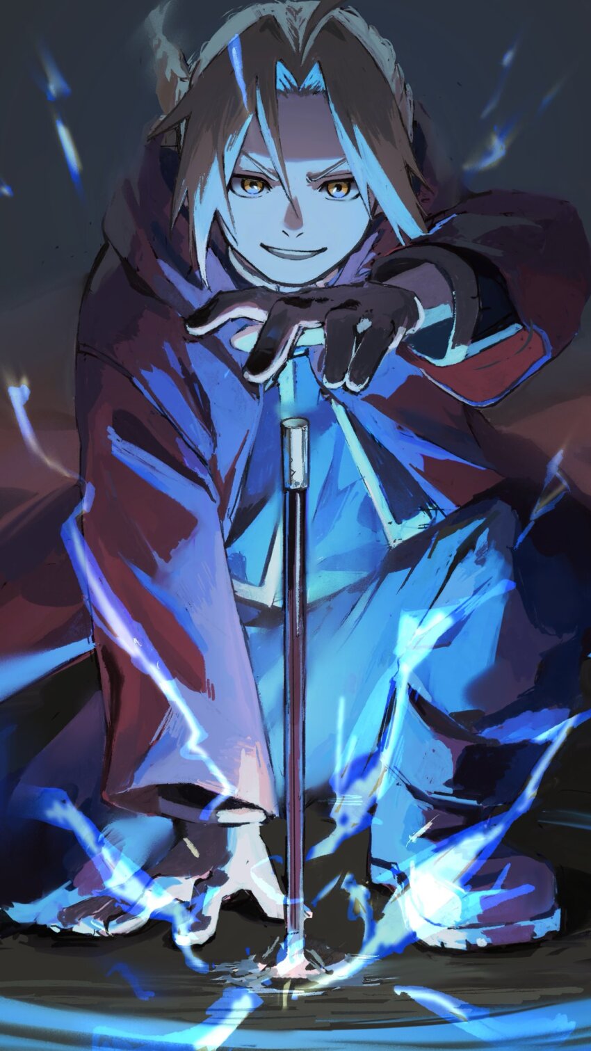 1boy, amestris_military_uniform, arm_up, black_pants, black_shirt, blonde_hair, coat, commentary_request, edward_elric, electricity, fullmetal_alchemist, gloves, highres, kneeling, layered_sleeves, long_sleeves, male_focus, pants, parted_hair, red_coat, shirt, smile, sushirice_0, white_gloves, yellow_eyes