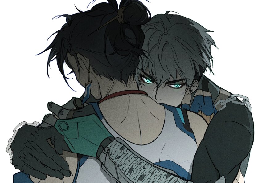 2boys, arms_around_another's_back, bare_shoulders, black_gloves, black_hair, commentary, english_commentary, gloves, green_eyes, grey_hair, hair_bun, highres, horak_rr, hug, long_sleeves, looking_to_the_side, male_focus, mizuki_(overwatch), multiple_boys, overwatch, sideways_glance, simple_background, tank_top, white_background, wuyang_(overwatch), yaoi