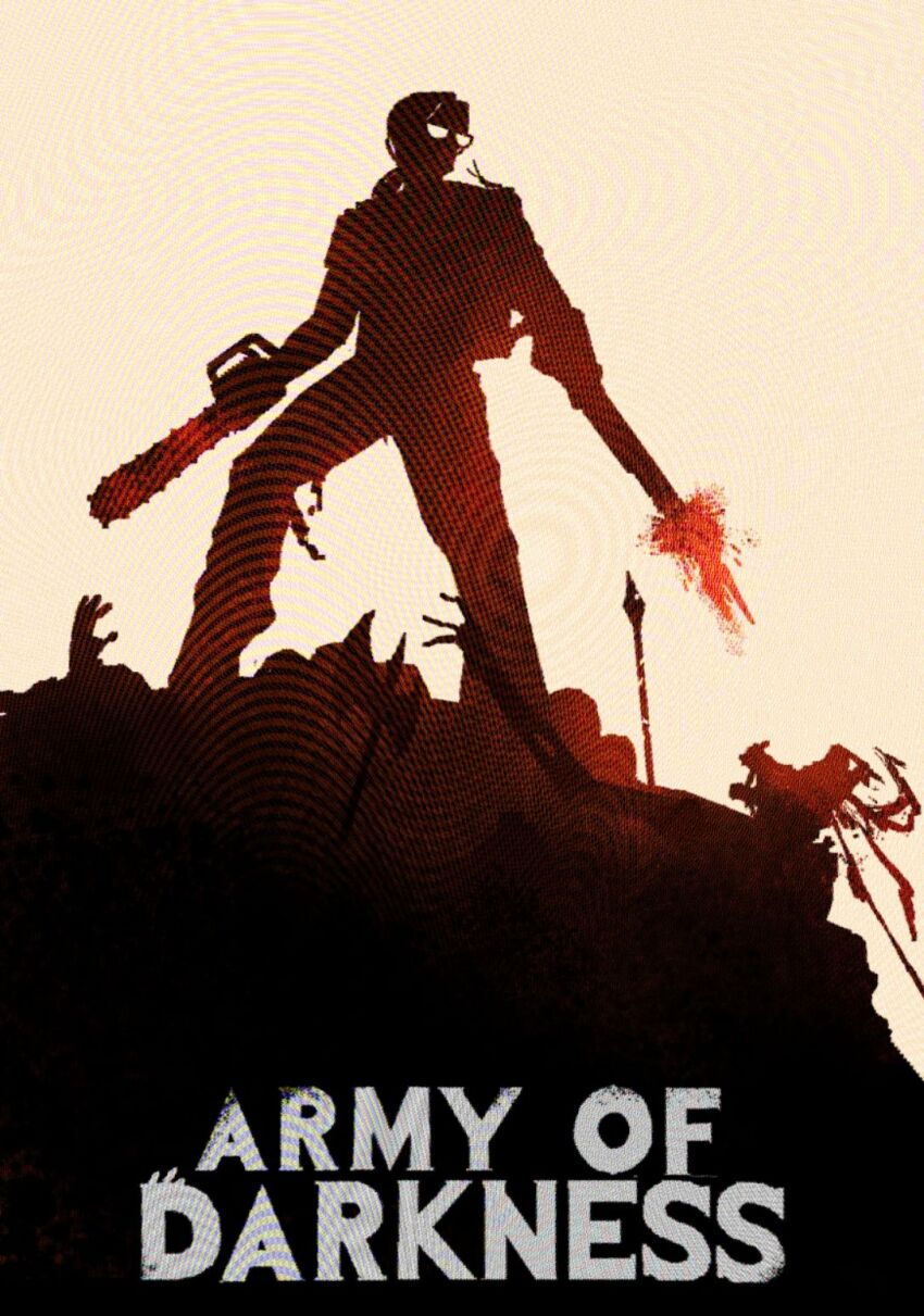 1boy, army_of_darkness, axe, bug, chainsaw, cockroach, corpse, english_text, gatling_gun, glasses, gregor_(project_moon), highres, horror_(theme), insect, limbus_company, medium_hair, movie_poster_(medium), pants, parody, pile_of_corpses, polearm, ponytail, project_moon, ravenlynch886, silhouette, simple_background, solo_focus, spear, torn_clothes, torn_pants, weapon, white_background, zombie
