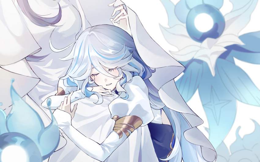 2girls, ahoge, blurry, closed_eyes, commentary, curly_hair, depth_of_field, dress