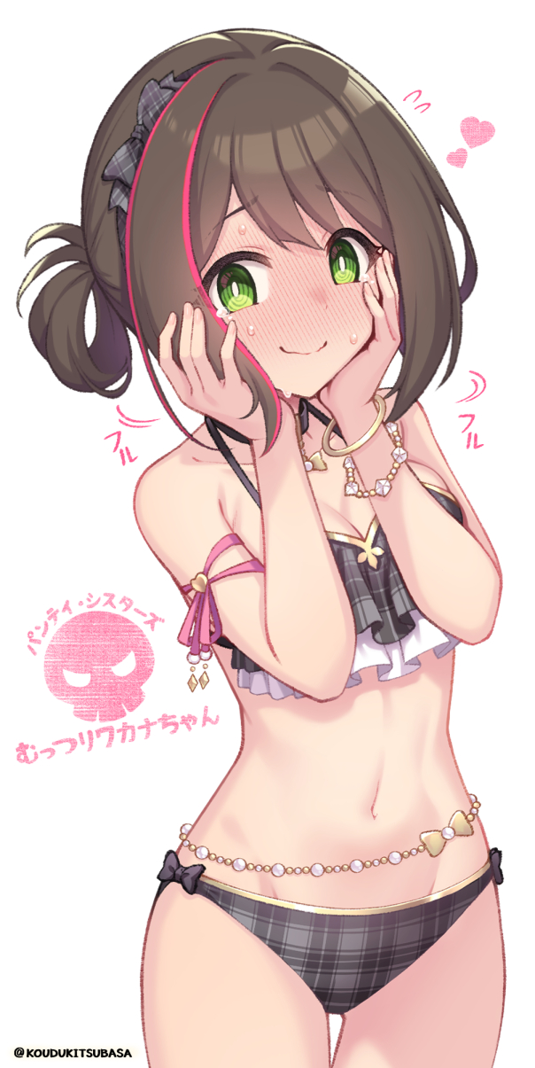 1girl, @_@, armpit_crease, bare_shoulders, bikini, black_bikini, blush, bow, bracelet, breasts, brown_hair, choker, cleavage, closed_mouth, commentary_request, cowboy_shot, embarrassed, flying_sweatdrops, full-face_blush, green_eyes, groin, hair_bow, hair_rings, hands_on_own_cheeks, hands_on_own_face, heart, highres, jewelry, kouzuki_tsubasa_(musou_kaidou), looking_at_viewer, medium_breasts, motion_lines, multicolored_hair, navel, nervous_sweating, princess_connect!, short_hair, simple_background, solo, standing, streaked_hair, sweat, swimsuit, twitter_username, variant_set, wakana_(princess_connect!), wakana_(winter)_(princess_connect!), wavy_mouth, white_background