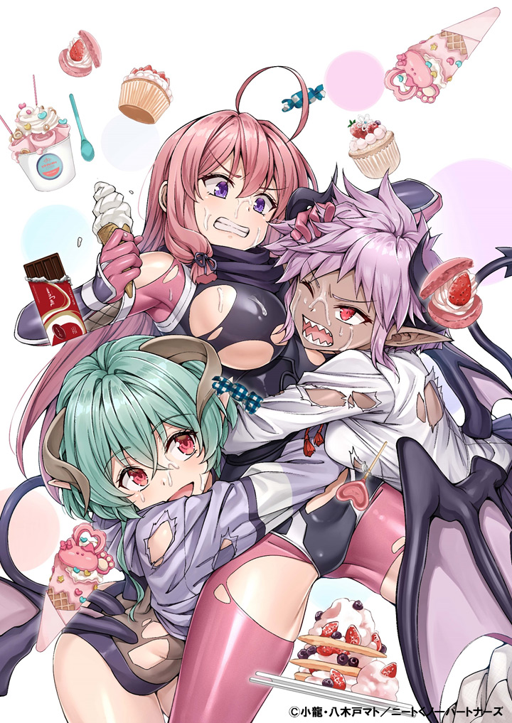 3girls, ahoge, armpits, breasts, chocolate, clena_ventor, clenched_teeth, crossed_bangs, cupcake, dark-skinned_female, dark_skin, demon_girl, demon_horns, demon_tail, demon_wings, dessert, food, green_hair, horns, ice_cream, ideura_shizuri_(neet_kunoichi), killer_ventor, koyuki_(kotatsu358), large_breasts, multiple_girls, neet_de_otaku_na_kunoichi_to_naze_ka_dousei_hajimemashita, ninja, official_art, one_eye_closed, pink_hair, pointy_ears, purple_eyes, pushing_away, red_eyes, sharp_teeth, short_hair, tail, teeth, torn_clothes, wings