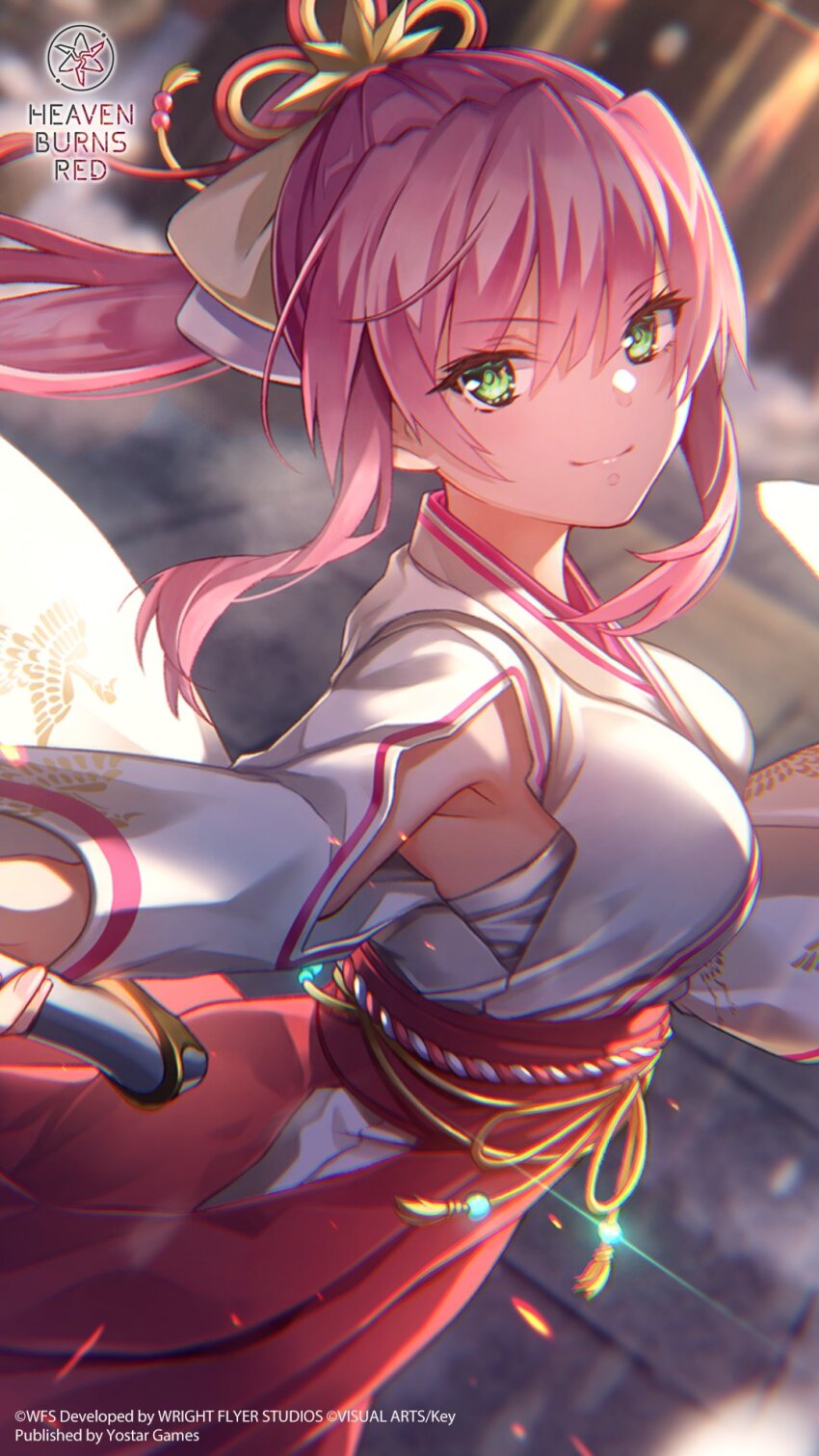 >:), 1girl, aikawa_megumi, aikawa_megumi_(heart-stirring_flame), animal_print, armpit_cutout, backlighting, bird_print