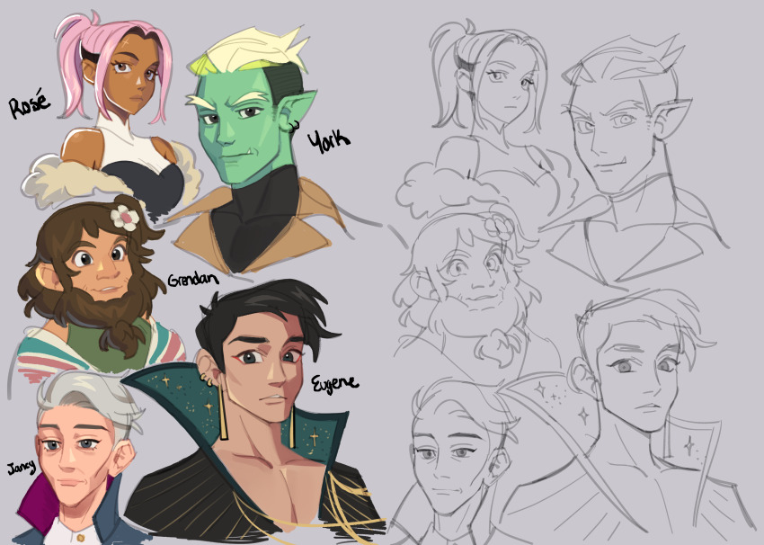 1other, 2boys, 2girls, absurdres, beard, blonde_hair, brown_hair, cheekbones, colored_skin, commentary, drawfee, drawtectives, earrings, english_commentary, eugene_finch, eyeliner, facial_hair, flower, green_skin, grendan_highforge, grey_hair, gyorik_rogdul, hair_flower, hair_ornament, high_collar, highres, jancy_true, jewelry, makeup, multiple_boys, multiple_girls, official_alternate_costume, official_alternate_hairstyle, old, old_woman, orc, pink_hair, ponytail, rose_(drawtectives), shirt, short_hair, shy-shortcake, sketch, undercut