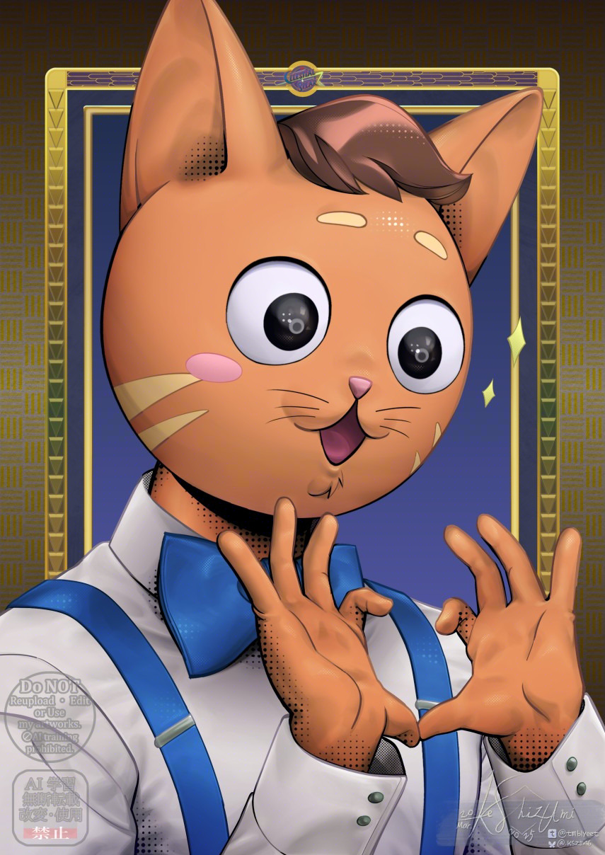 1boy, blush_stickers, body_fur, bow, bowtie, brown_hair, cat, cat_boy