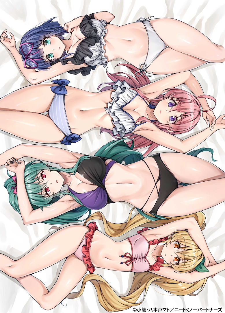 4girls, ahoge, armpits, bikini, black_bikini, black_nails, blonde_hair, blue_hair