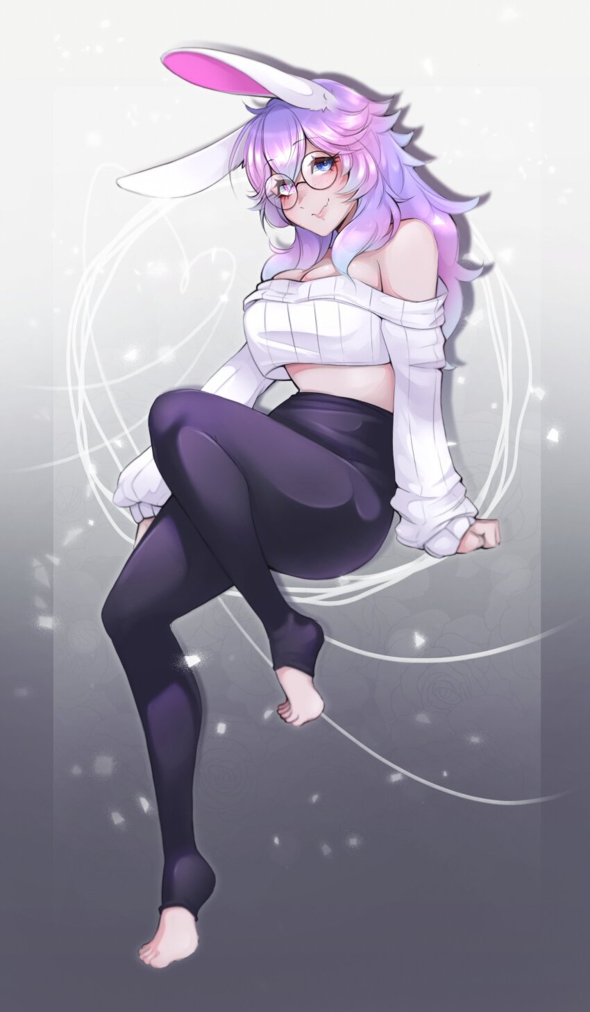 1girl, absurdres, animal_ears, breasts, cottontail_(vtuber), glasses, heterochromia, highres, iinneo, indie_virtual_youtuber, medium_breasts, multicolored_hair, rabbit_ears, sweater, virtual_youtuber