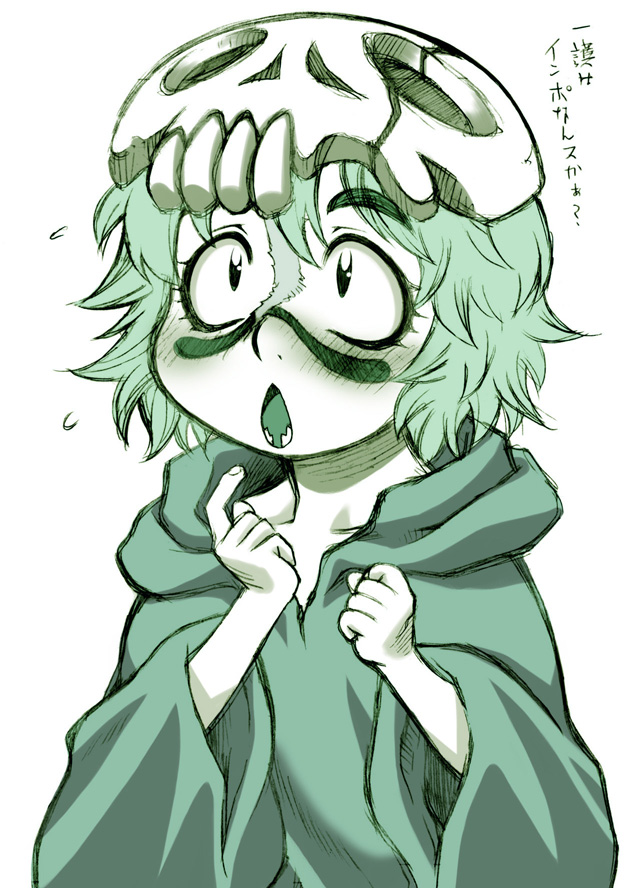 00s, 1girl, :o, aged_down, arrancar, bleach, blush, child, facial_mark, female_focus, green_theme, monochrome, nakagami_takashi, nelliel_tu_odelschwanck, nelliel_tu_odelschwanck_(young), open_mouth, pointing, robe, scar, scar_on_face, scar_on_nose, short_hair, sketch, skull, solo, surprised, sweatdrop, teeth, translation_request, upper_body