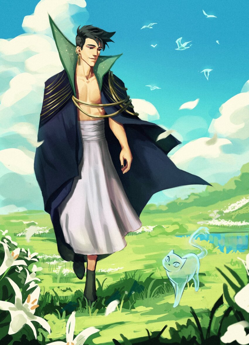 1boy, bird, black_hair, cat, cloak, cloud, cloudy_sky, drawfee