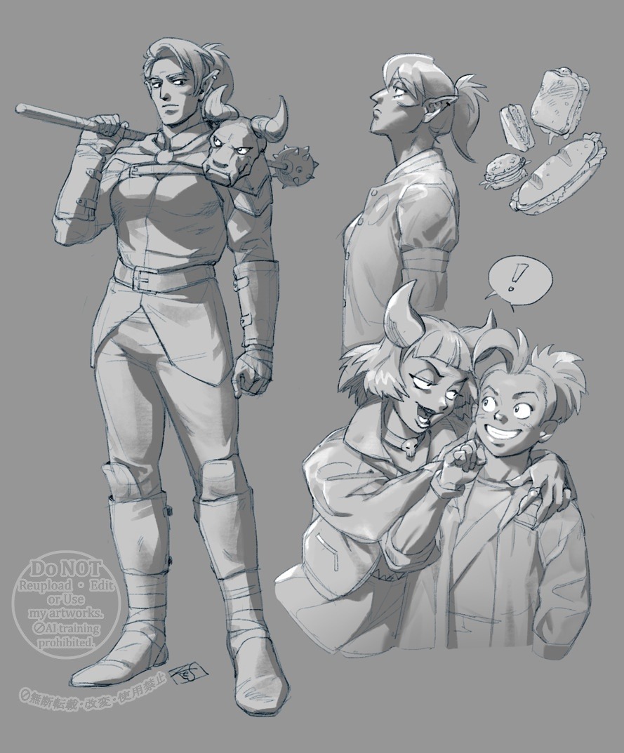 !, 3girls, belt, blunt_bangs, boots, cheekbones, choker, drawfee