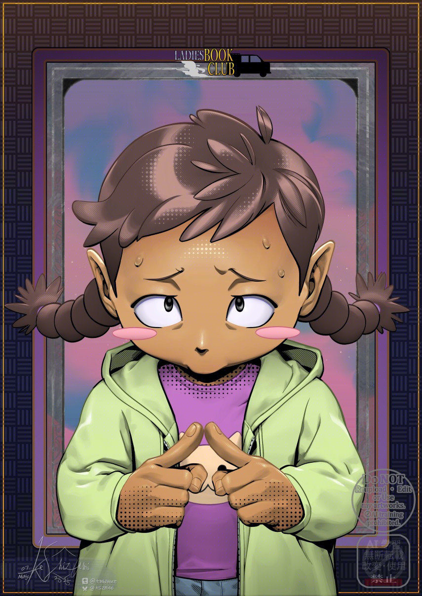 1girl, blush_stickers, braid, brown_hair, dark-skinned_female, dark_skin, drawfee, drawga