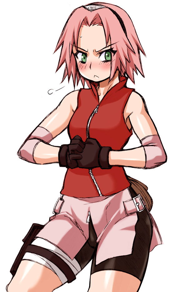1girl, arm_warmers, bag, bandages, bare_shoulders, bike_shorts, black_gloves, blush