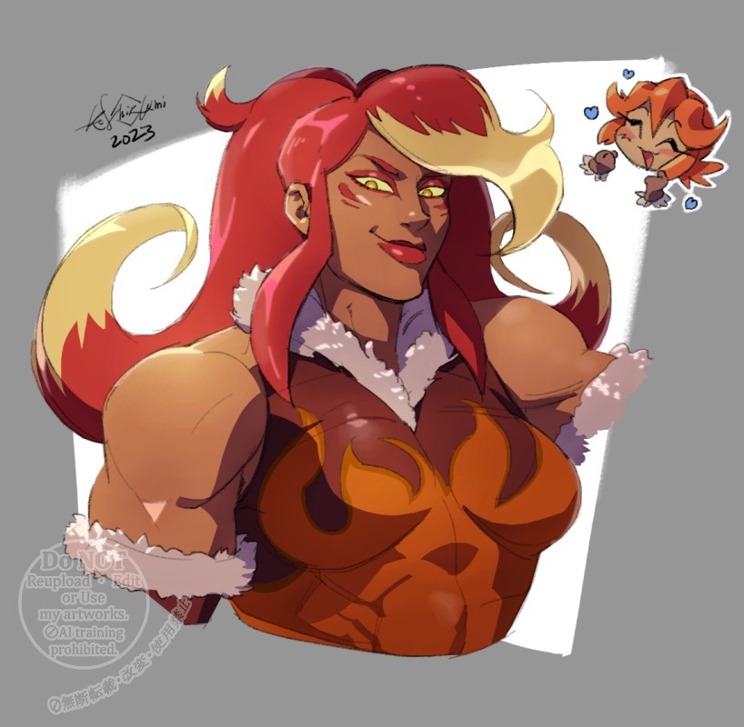 2girls, blonde_hair, breasts, chibi, chibi_inset, dark-skinned_female, dark_skin, drawfee, eyeliner, facial_mark, fur_trim, lipstick, long_hair, makeup, multicolored_hair, multiple_girls, muscular, muscular_male, nevada_(drawfee), orange_hair, red_eyeliner, red_hair, red_lips, sierra_(drawfee), smile, solo_focus, tmblyeet, two-tone_hair, yellow_eyes