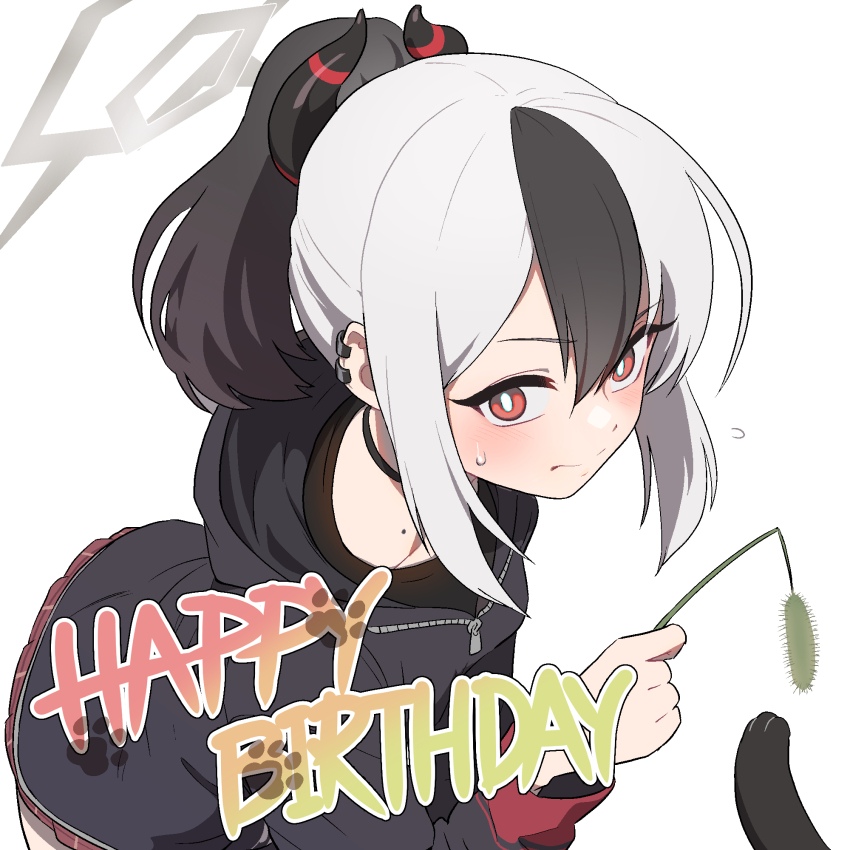 1girl, backscratcher777, black_choker, black_hair, black_hoodie, black_horns, black_shirt, blue_archive