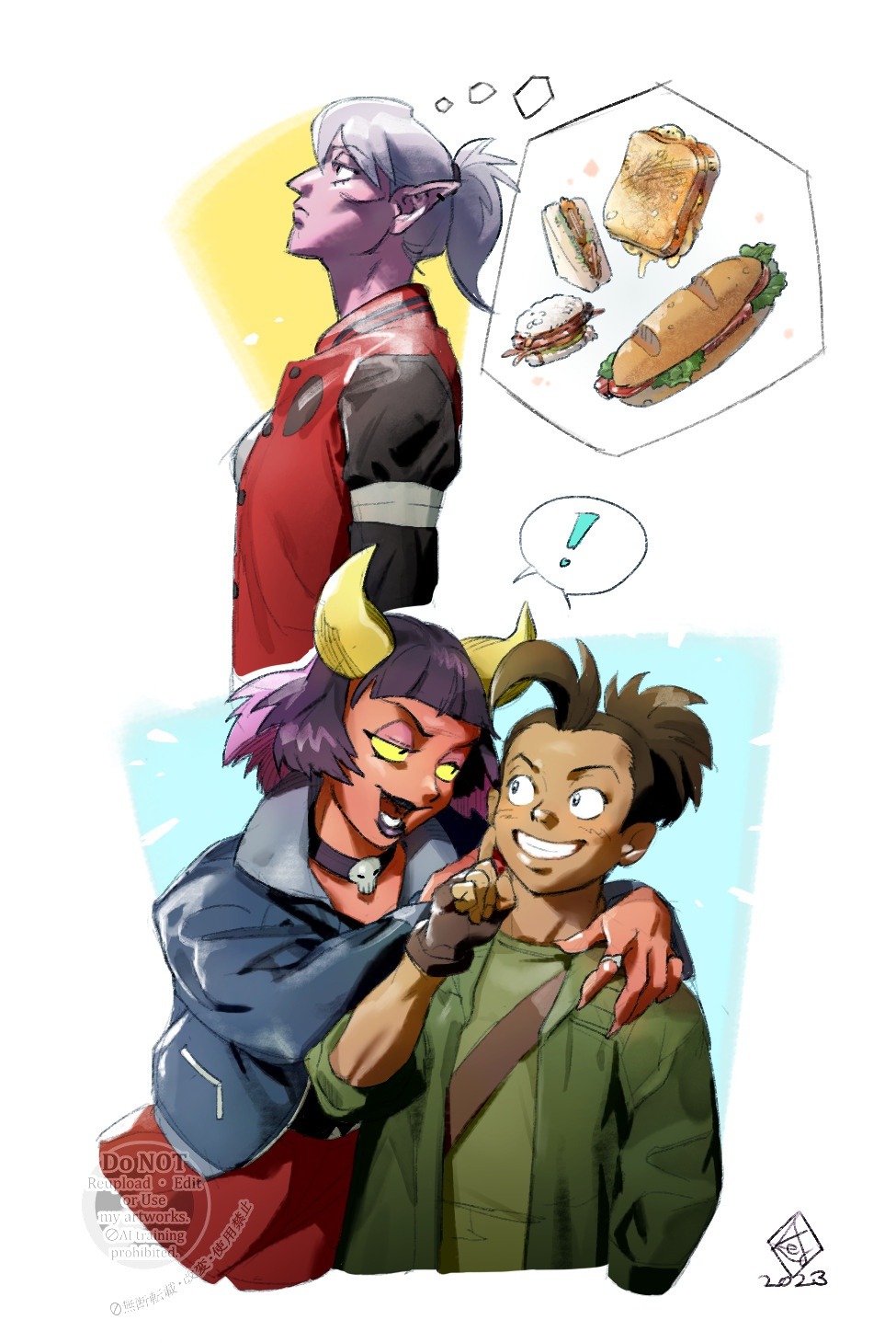 !, 3girls, ahoge, blunt_bangs, brown_hair, cheekbones, choker, colored_skin