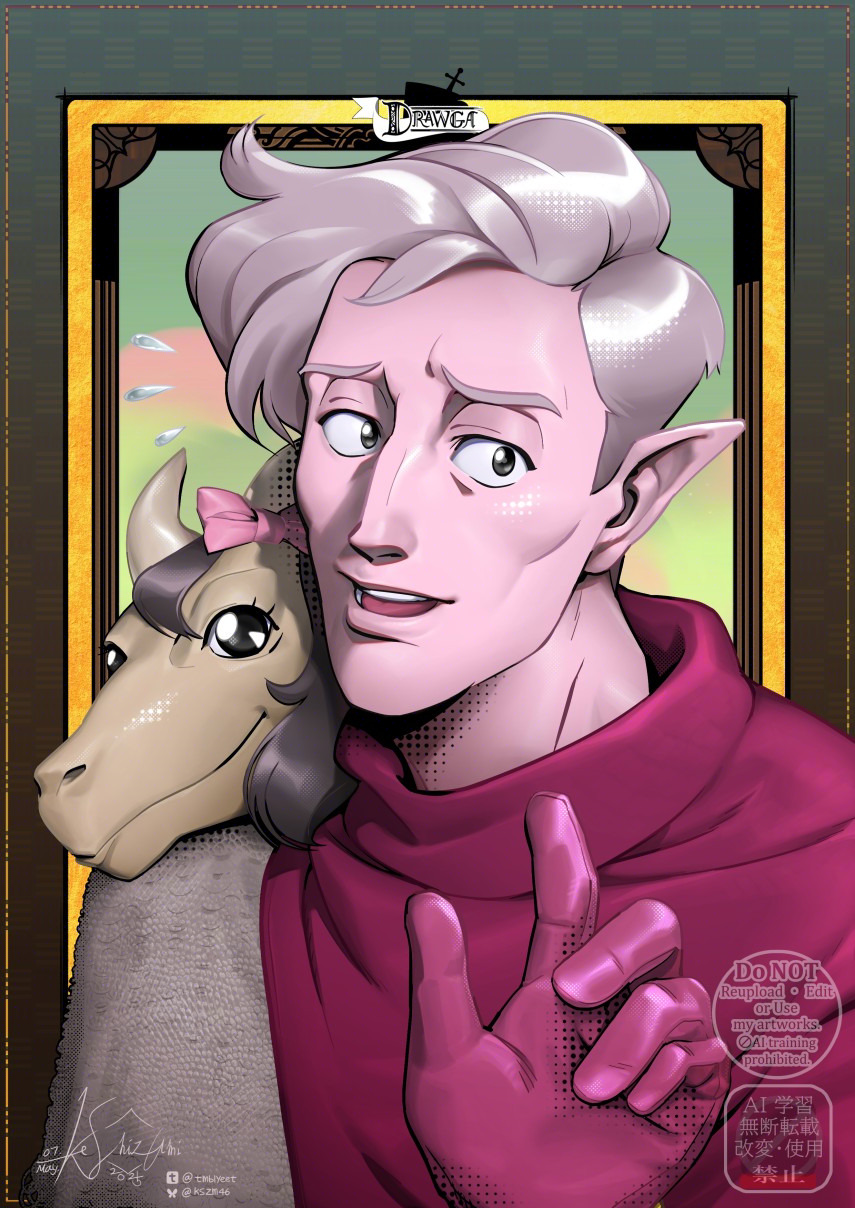 1boy, aquiline_nose, bow, cheekbones, colored_skin, drawfee, drawga, eladrin