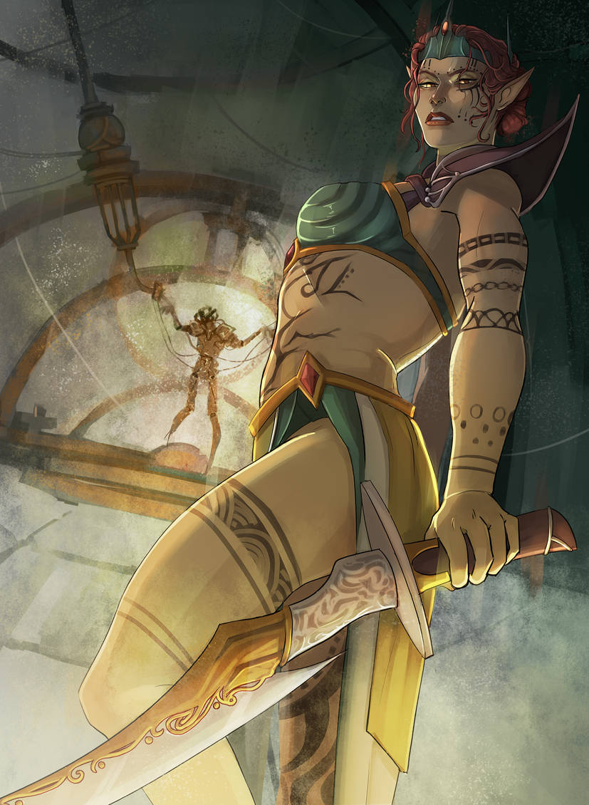 1girl, almalexia, arm_tattoo, armor, blackrubus, boobplate, breastplate, colored_skin