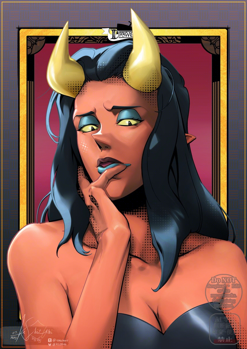 1girl, black_hair, blue_eyeshadow, blue_lips, breasts, cleavage, collarbone, colored_sclera