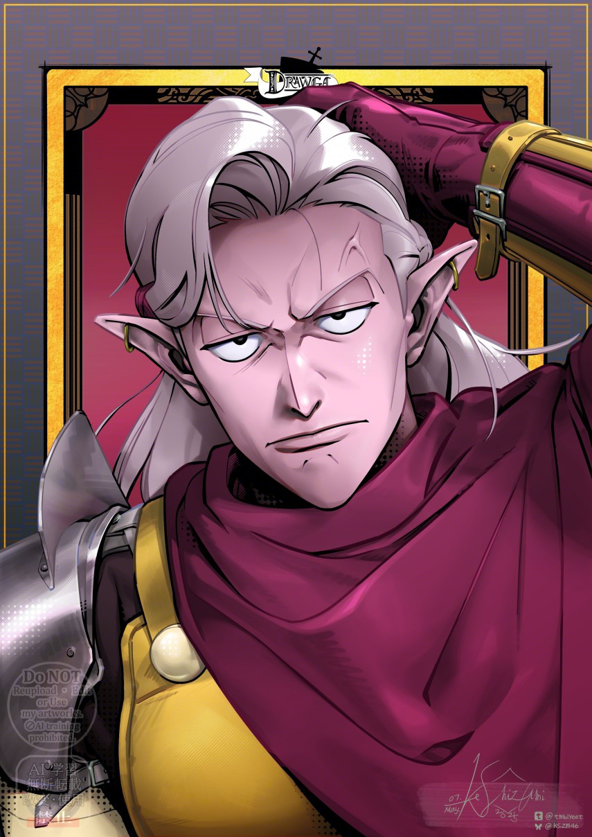 1girl, anger_vein, aquiline_nose, armor, cheekbones, cloak, closed_mouth, colored_skin