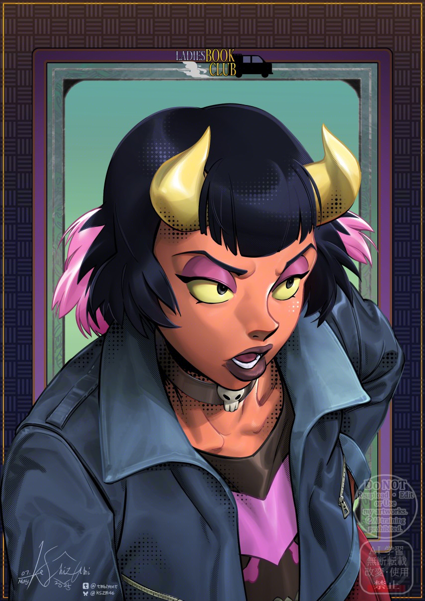 1girl, black_hair, blunt_bangs, bob_cut, choker, colored_skin, drawfee, drawga