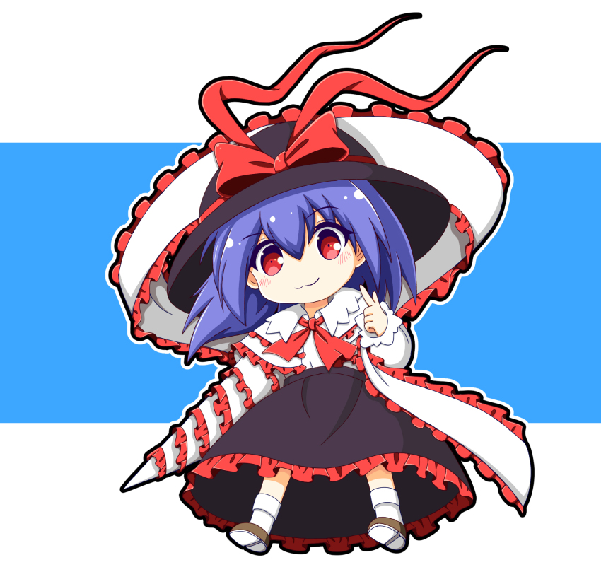 1girl, :3, black_hat, black_skirt, blue_background, bobby_socks, bow, brown_shoes