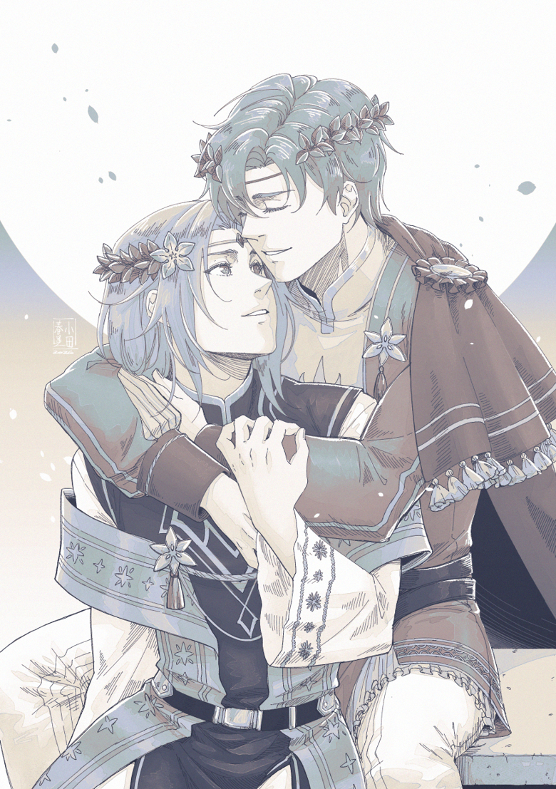 2boys, closed_eyes, commentary, commission, ephraim_(fire_emblem), ephraim_(valentine)_(fire_emblem), fire_emblem, fire_emblem:_the_sacred_stones