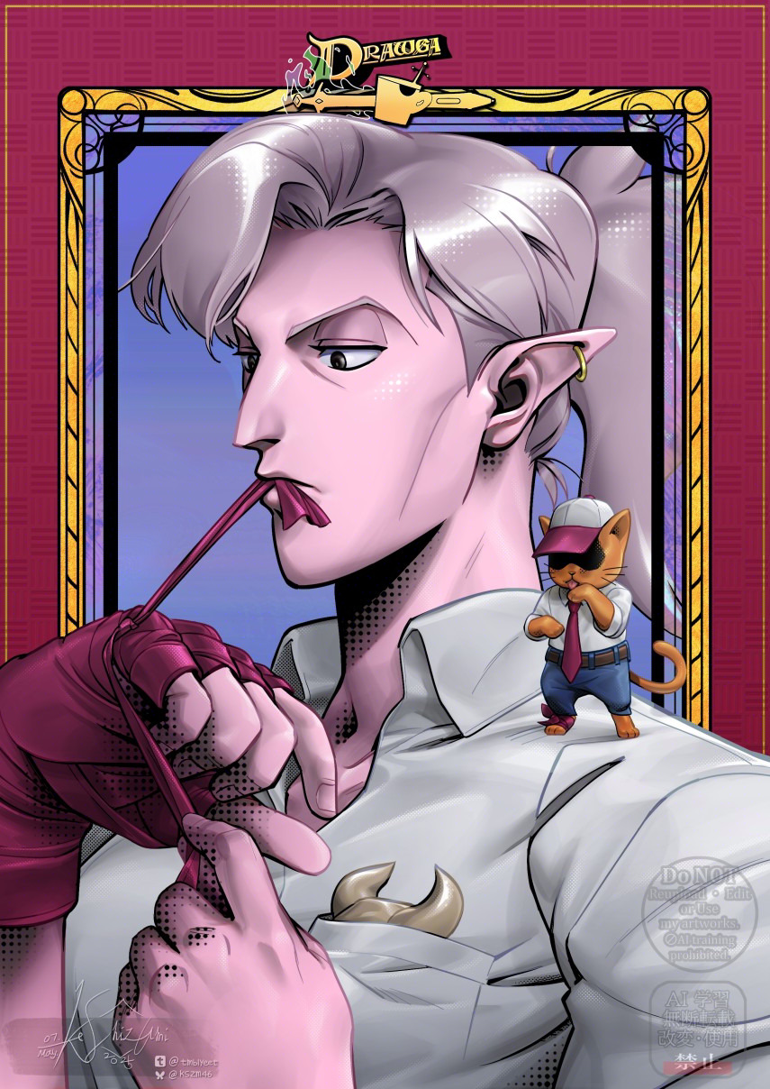 1girl, aquiline_nose, bandaged_hand, bandages, breast_pocket, cat, cheekbones, colored_skin