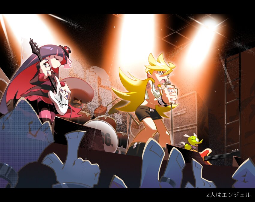 1boy, 2girls, afro, amplifier, audience, band_(music), bass_guitar, bb_zatta