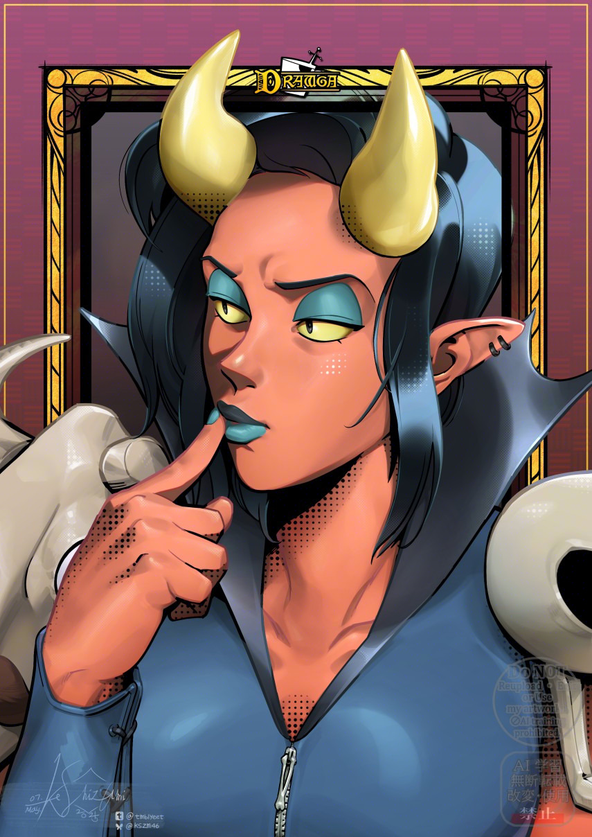 1girl, black_hair, collarbone, colored_skin, drawfee, drawga, eyeshadow, highres