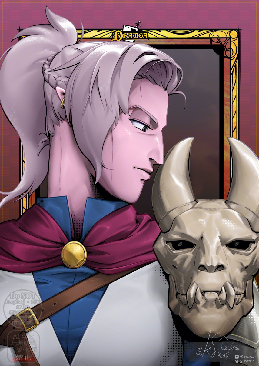 1boy, 1girl, aquiline_nose, braid, cheekbones, colored_skin, demon_johnny, drawfee