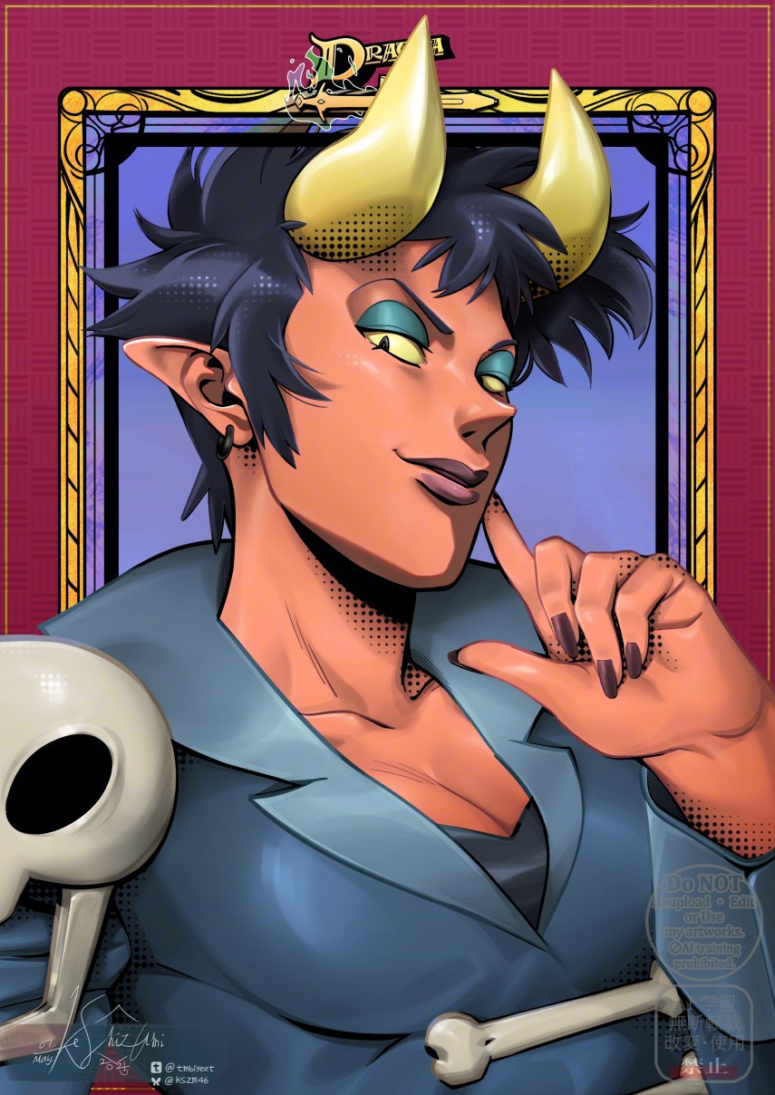 1girl, black_hair, bone, breasts, cleavage, colored_skin, drawfee, drawga