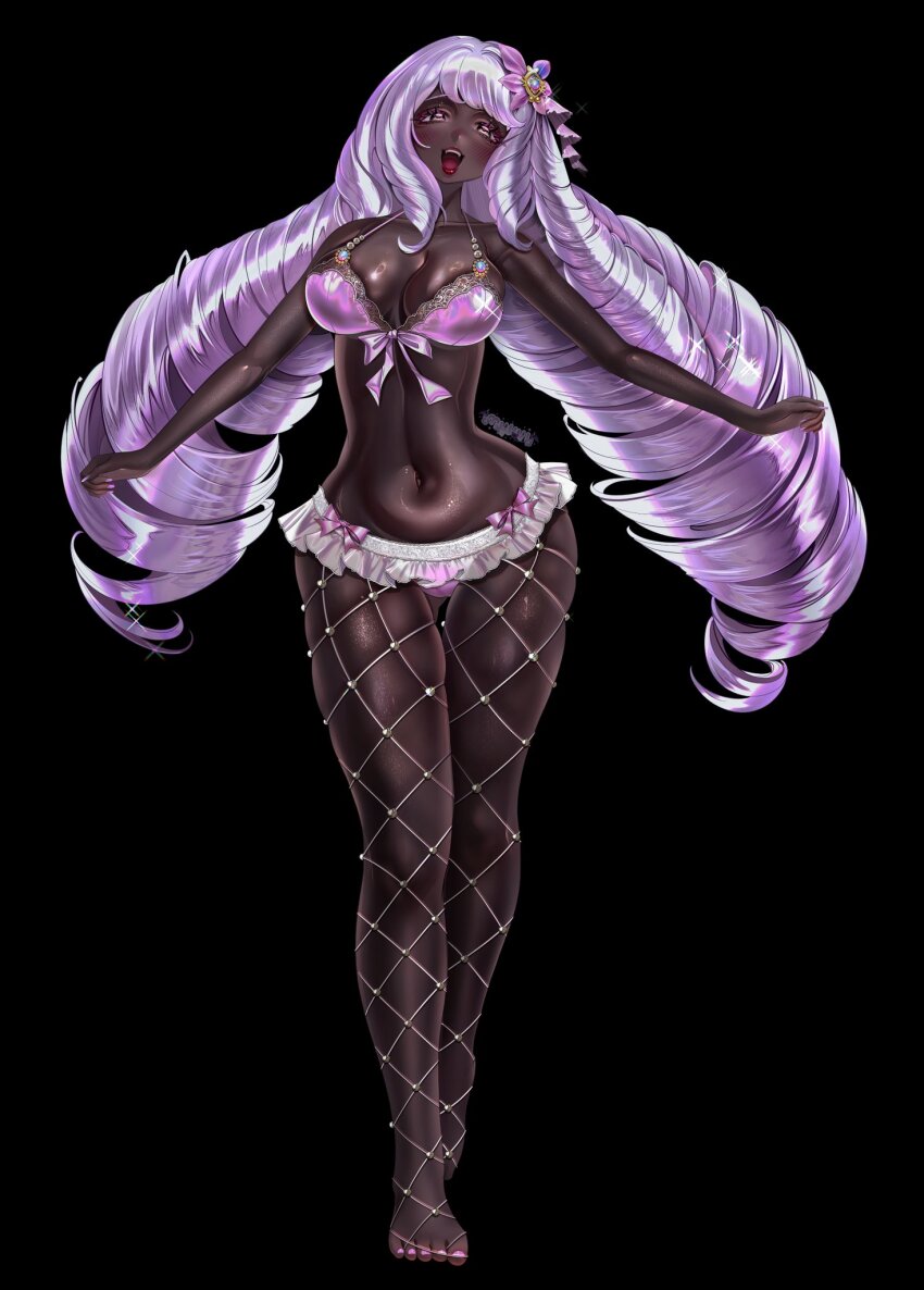 1girl, bikini, breasts, cleavage, dark-skinned_female, dark_skin, drill_hair, fishnet_pantyhose