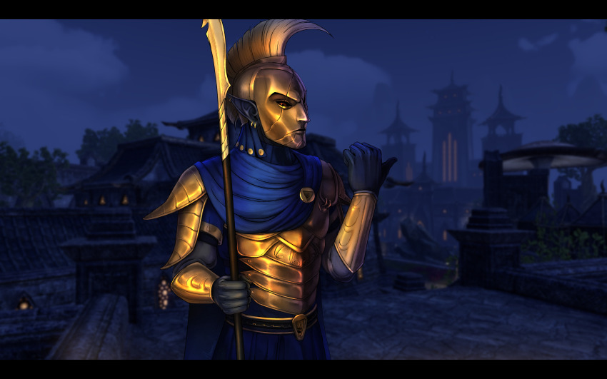 1boy, absurdres, armor, blue_cape, blue_scarf, cape, colored_skin, commentary