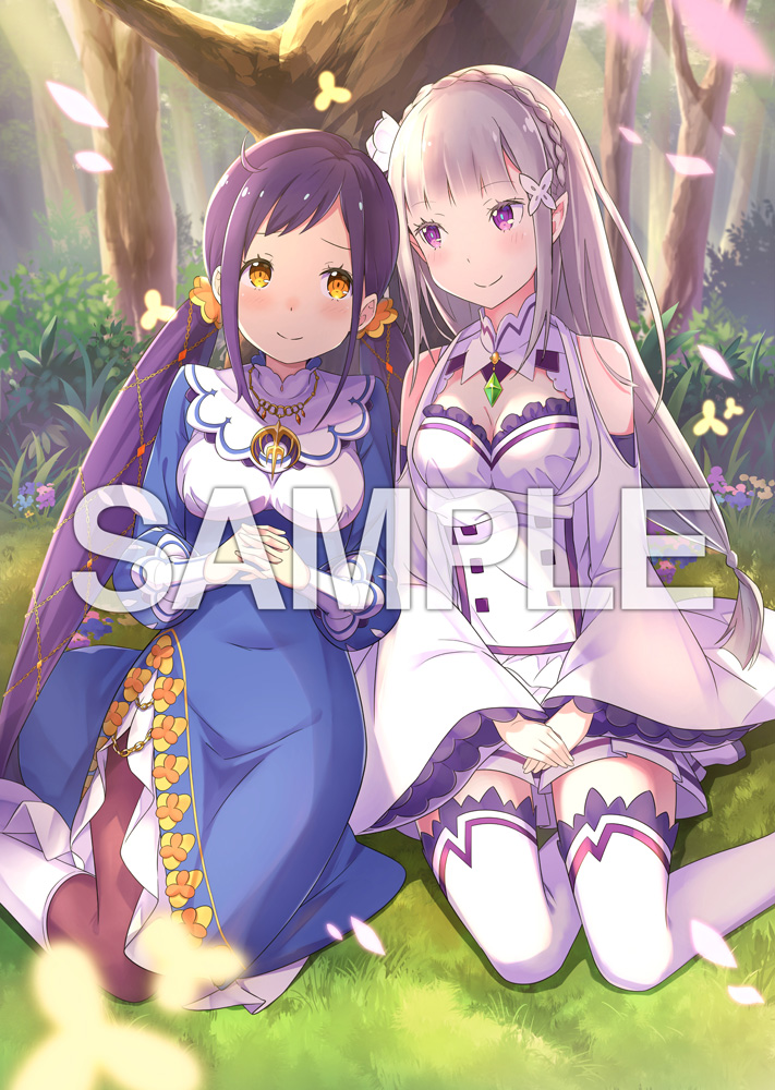 2girls, bare_shoulders, blunt_bangs, blurry, blurry_foreground, blush, boots, braid