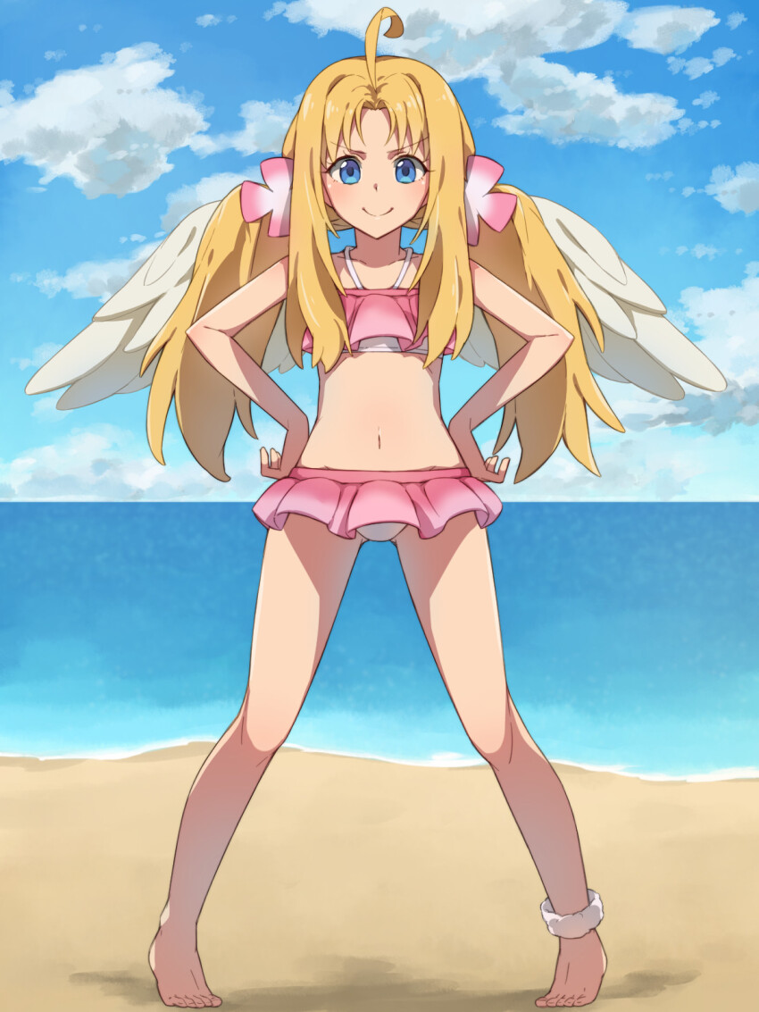 1girl, ahoge, bare_arms, bare_legs, bare_shoulders, barefoot, beach, bikini