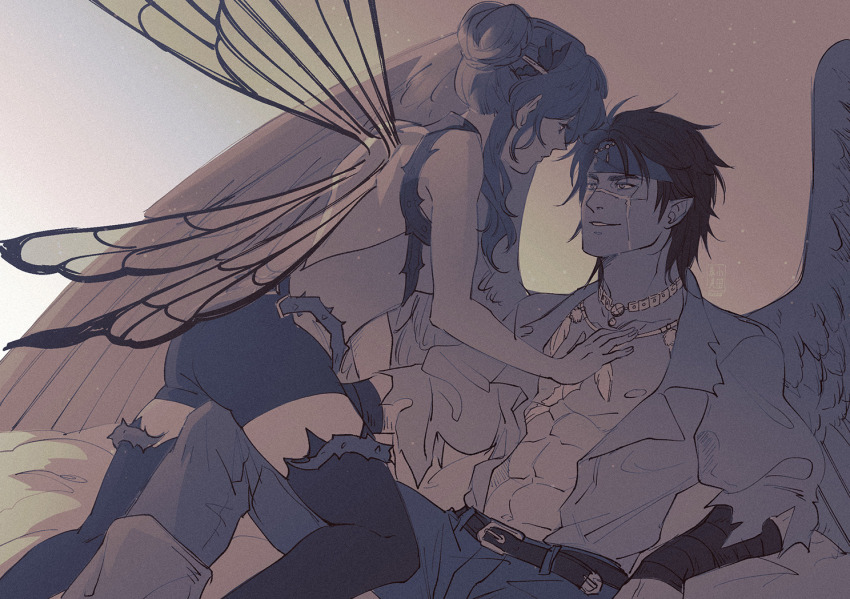 1boy, 1girl, ass, backless_outfit, bare_pectorals, breasts, butterfly_wings, couple