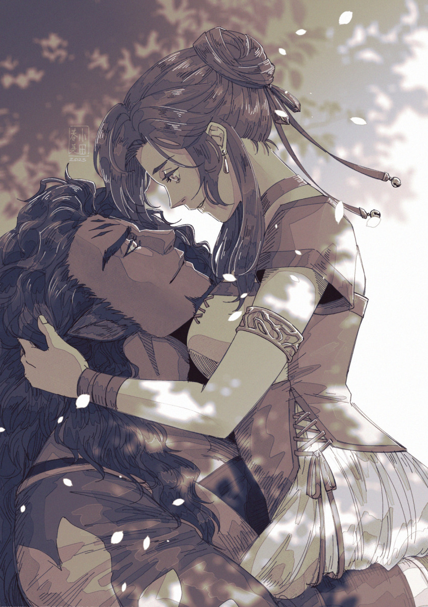 1boy, 1girl, breasts, couple, earrings, elincia_ridell_crimea, facial_hair, fire_emblem