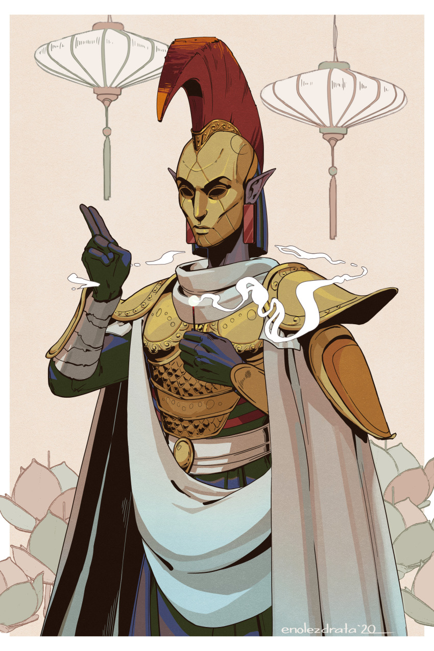 1boy, absurdres, armor, artist_name, cape, colored_skin, commentary, cowboy_shot