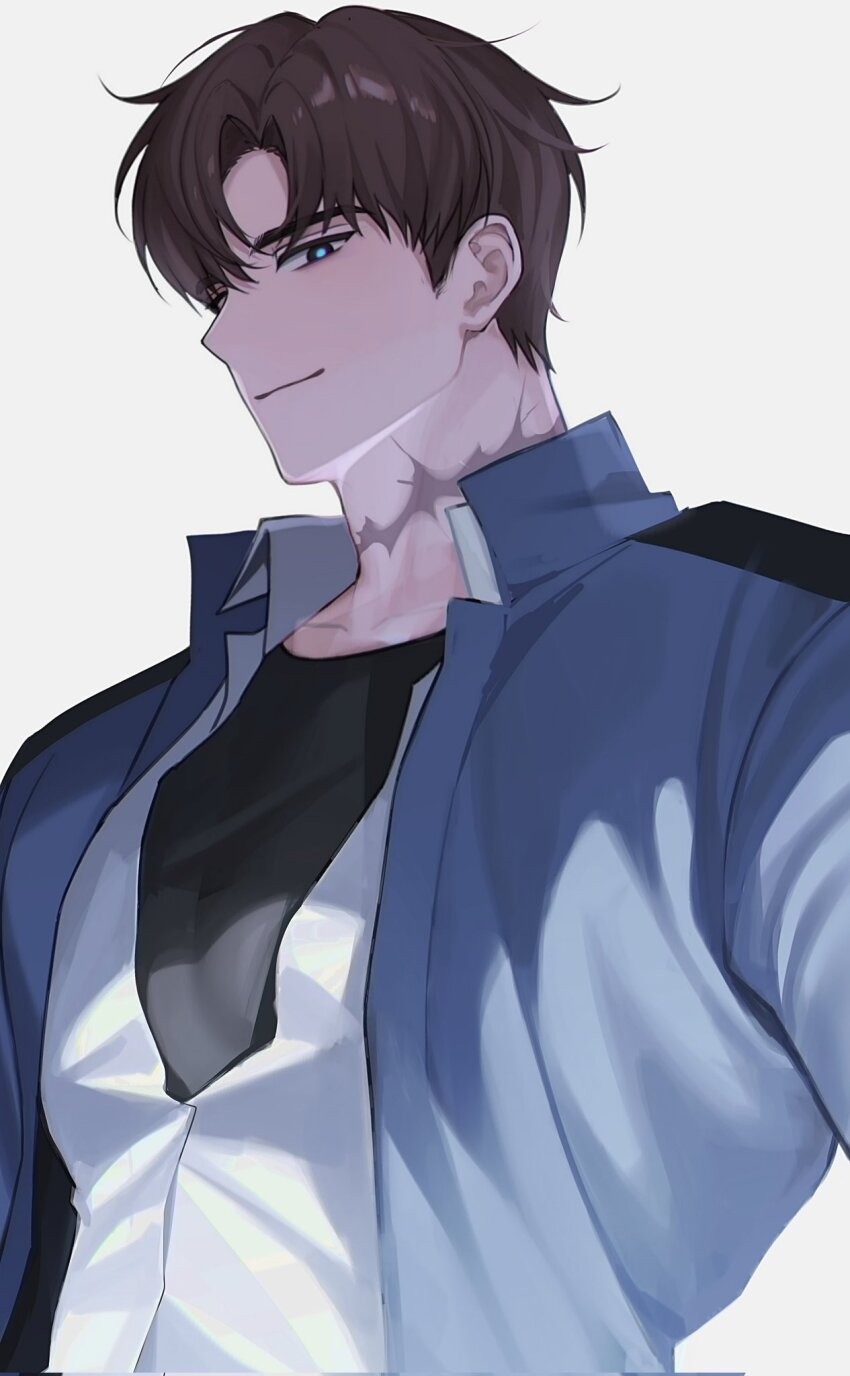 1boy, agent_choi, black_eyes, black_shirt, blue_jacket, blue_pupils, brown_hair, closed_mouth