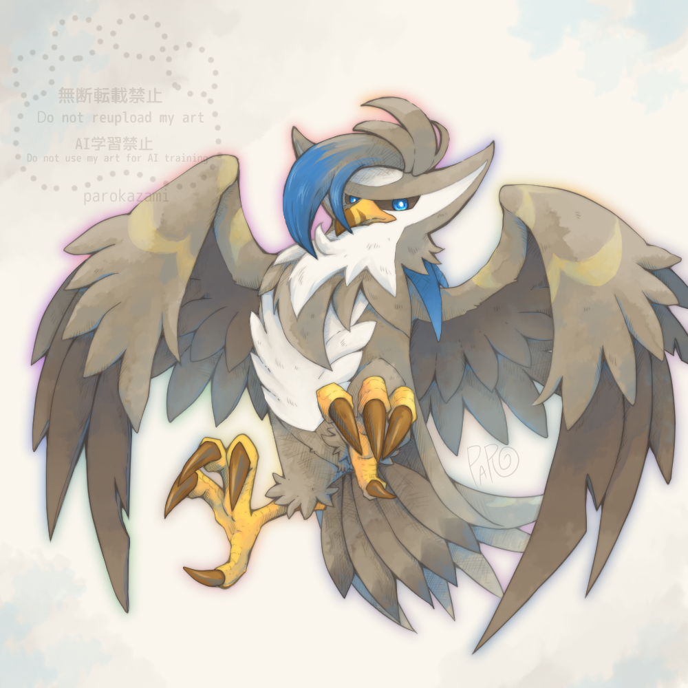 alternate_color, animal_focus, artist_name, bird, black_sclera, blue_eyes, claws, closed_mouth